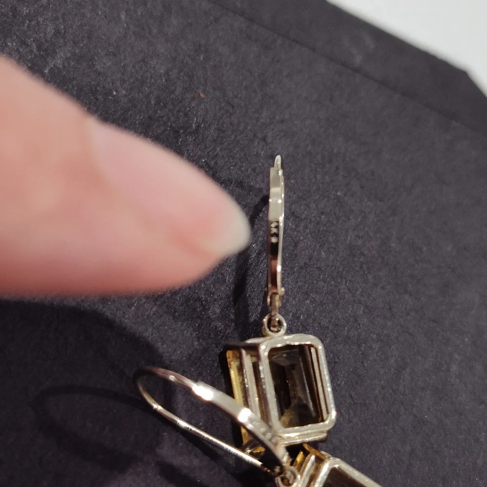 14k White Gold Emerald Cut Citrine Leverback Earrings - Picture 7 of 15